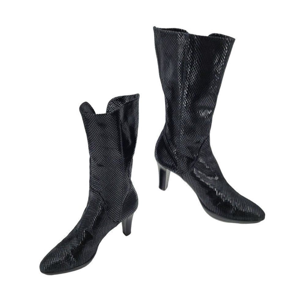 90s Aquatalia Boots Leather Liquid Snake Tall Mid Calf High Heel Black 10 Gothic